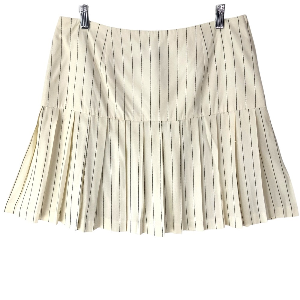 Francine Browner Cream Black Pinstripe Pleated Mini Skirt 12 Side Zip Drop Waist
